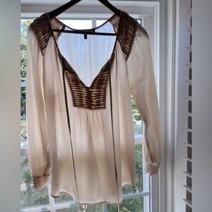 Nude, sheer, silk, long sleeve blouse.  Size small.